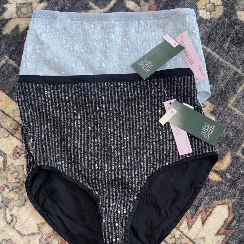 2 X Wild Fable Black / Blue Sequin Floral Lace High Waist Brief Panties Size S